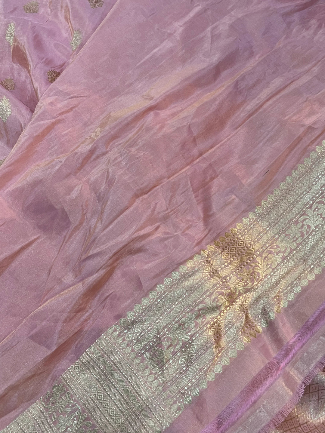 Peachish Pink Pure Katan Tissue Silk Banarasi Saree with Kadhwa Butas