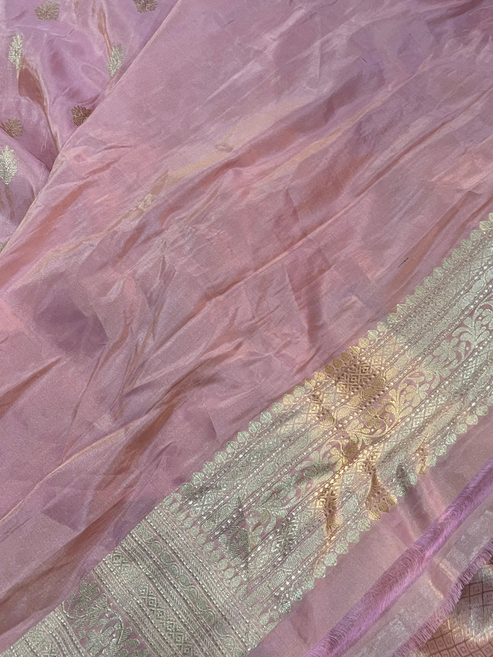 Peachish Pink Pure Katan Tissue Silk Banarasi Saree with Kadhwa Butas