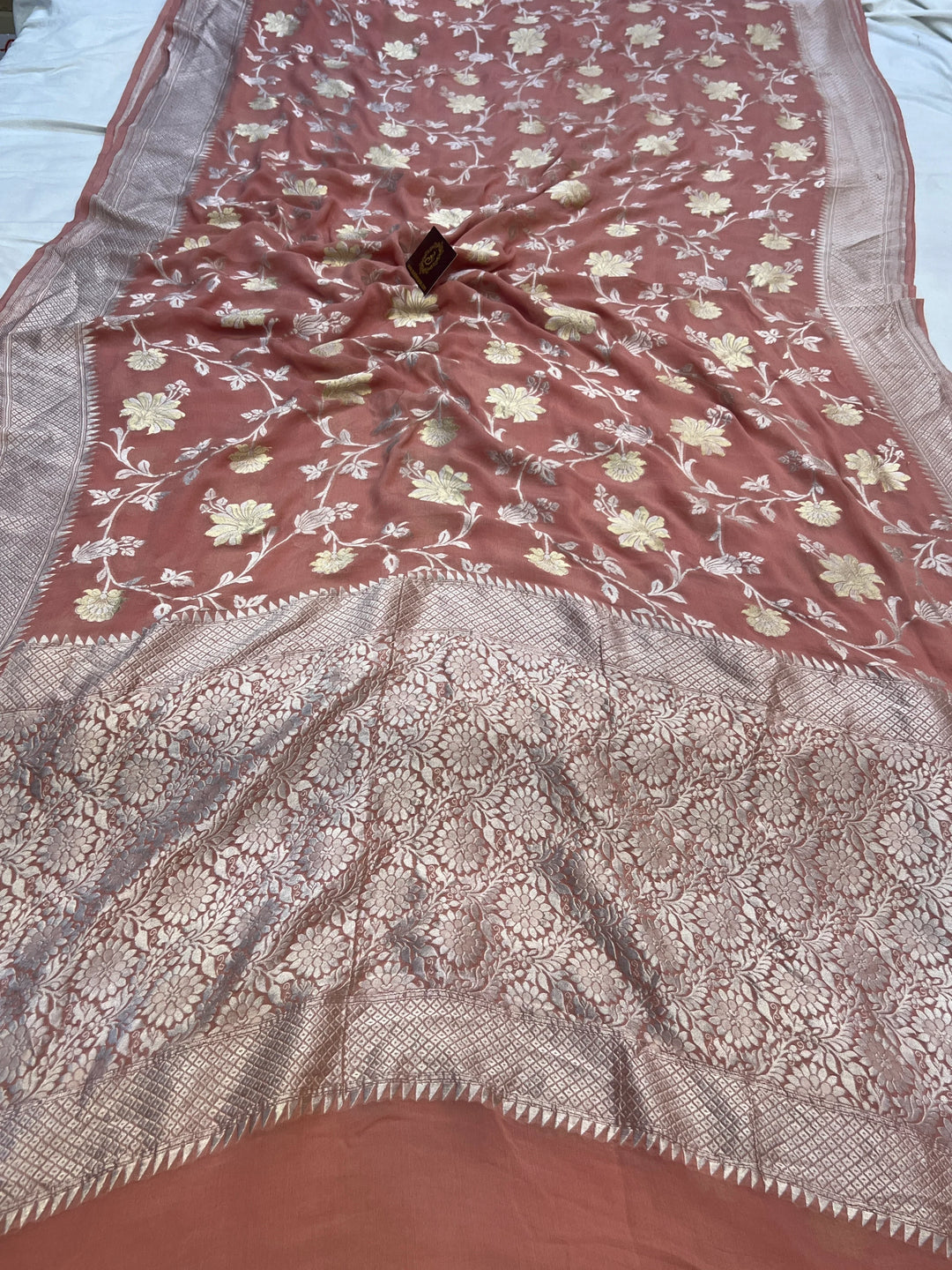 Old Rose Pure Banarasi Khaddi Georgette Saree | floral jaal