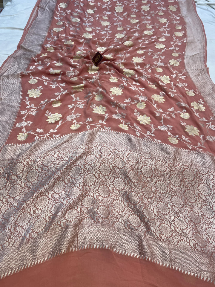 Old Rose Pure Banarasi Khaddi Georgette Saree | floral jaal