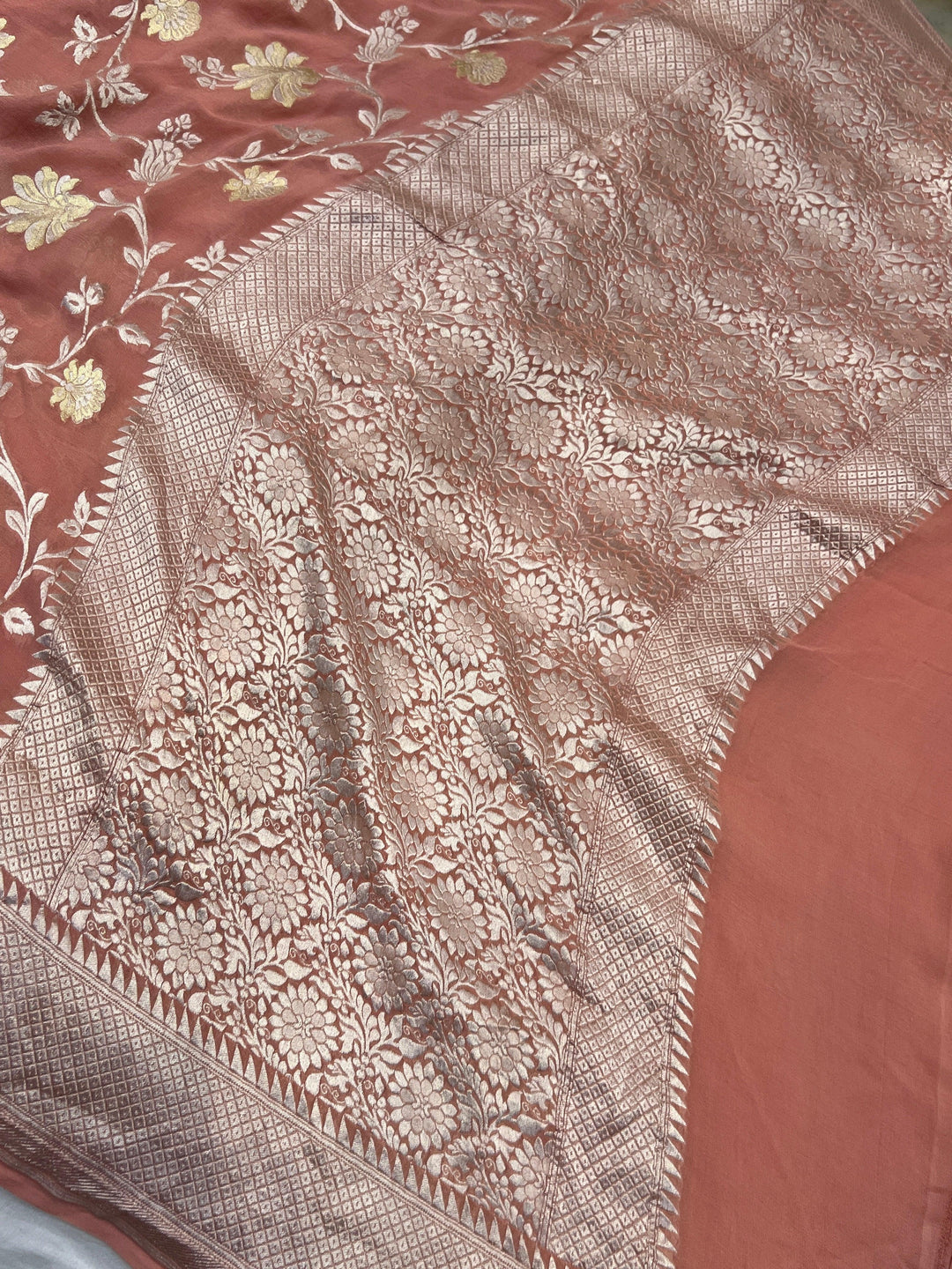 Old Rose Pure Banarasi Khaddi Georgette Saree | floral jaal