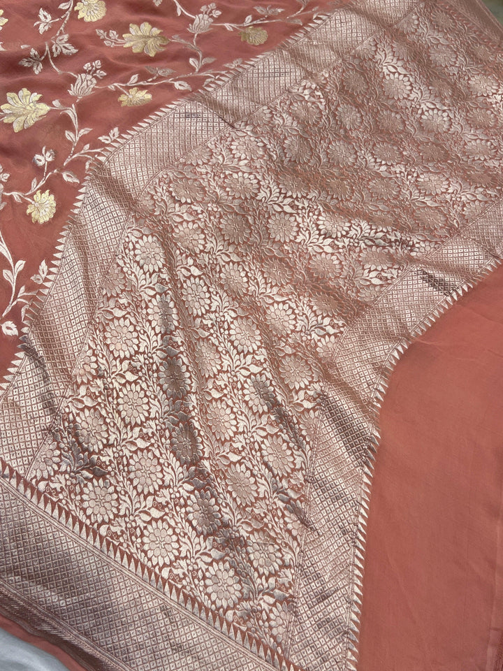 Old Rose Pure Banarasi Khaddi Georgette Saree | floral jaal