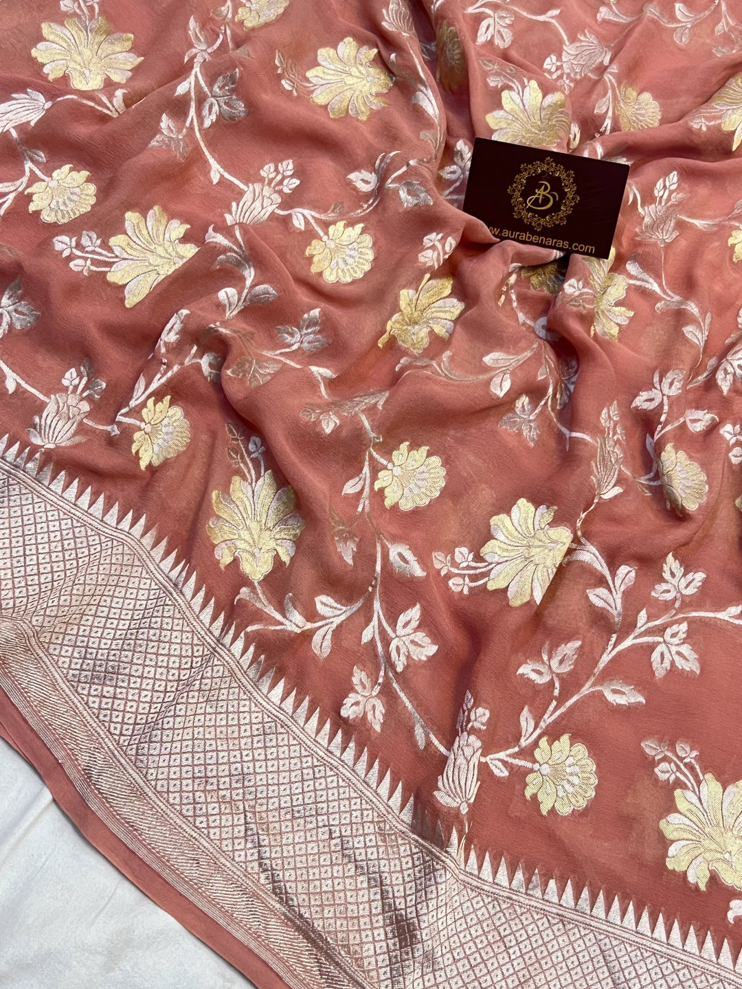 Old Rose Pure Banarasi Khaddi Georgette Saree | floral jaal