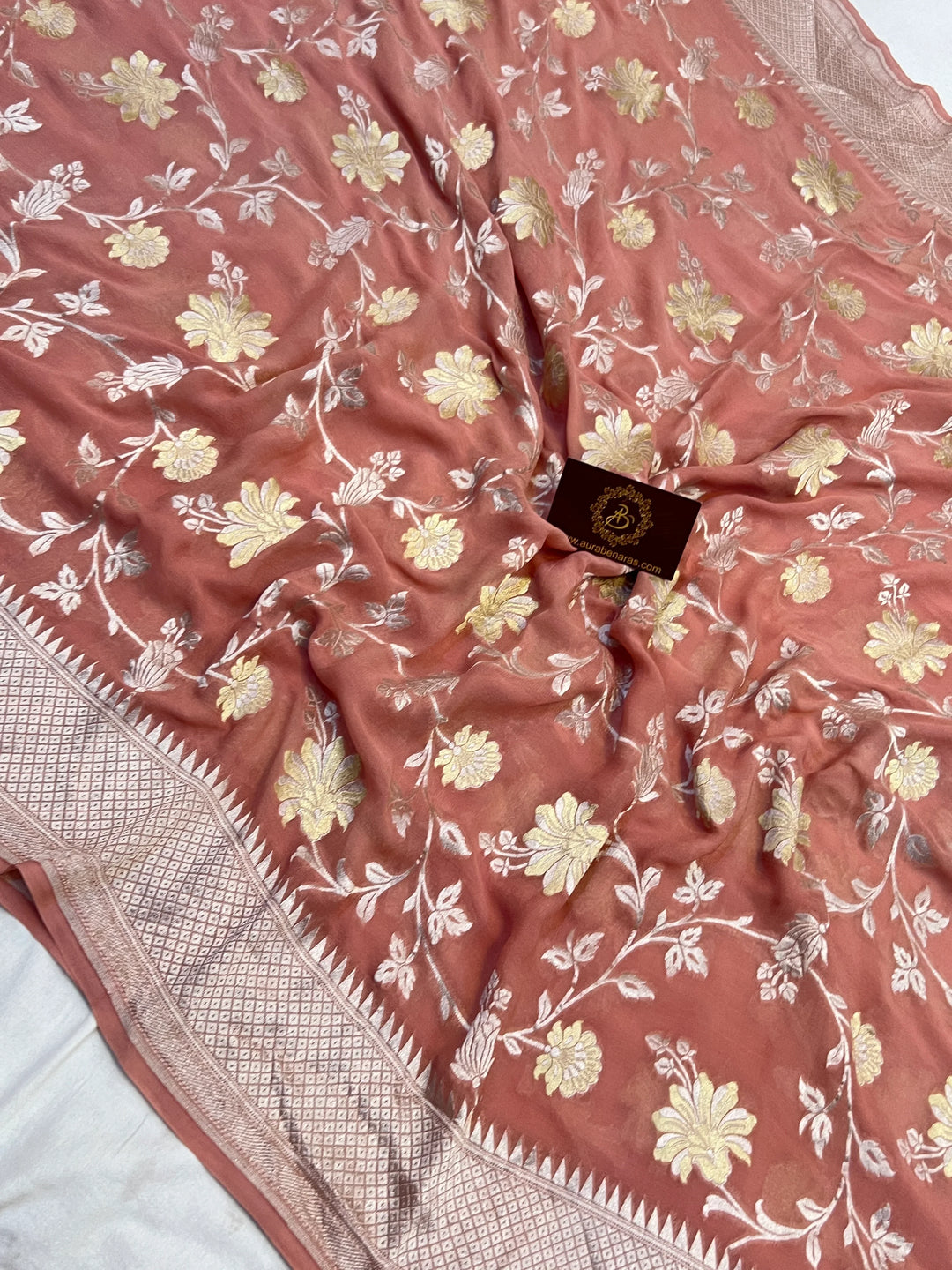 Old Rose Pure Banarasi Khaddi Georgette Saree | floral jaal