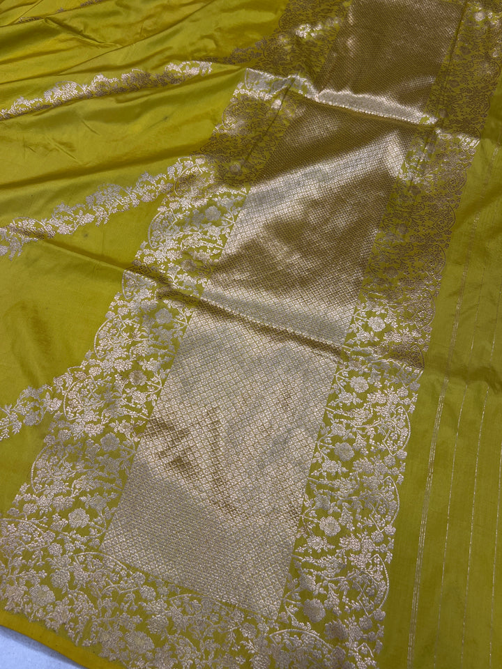 Shop Neon Yellow Banarasi Katan Silk Saree – Kadhwa Aada Jaal Meenakari