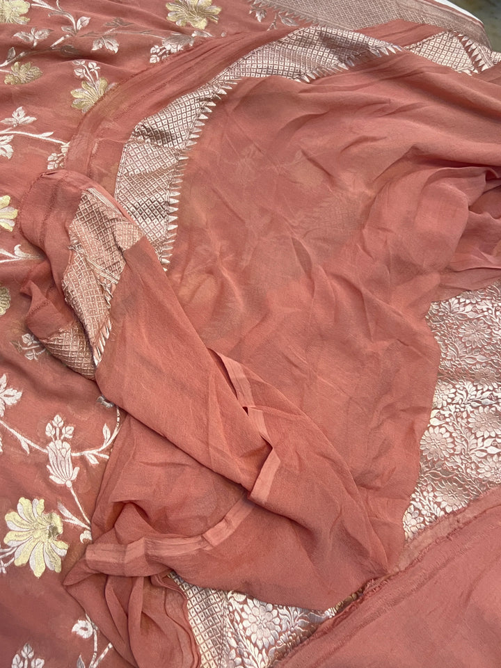 Old Rose Pure Banarasi Khaddi Georgette Saree | floral jaal