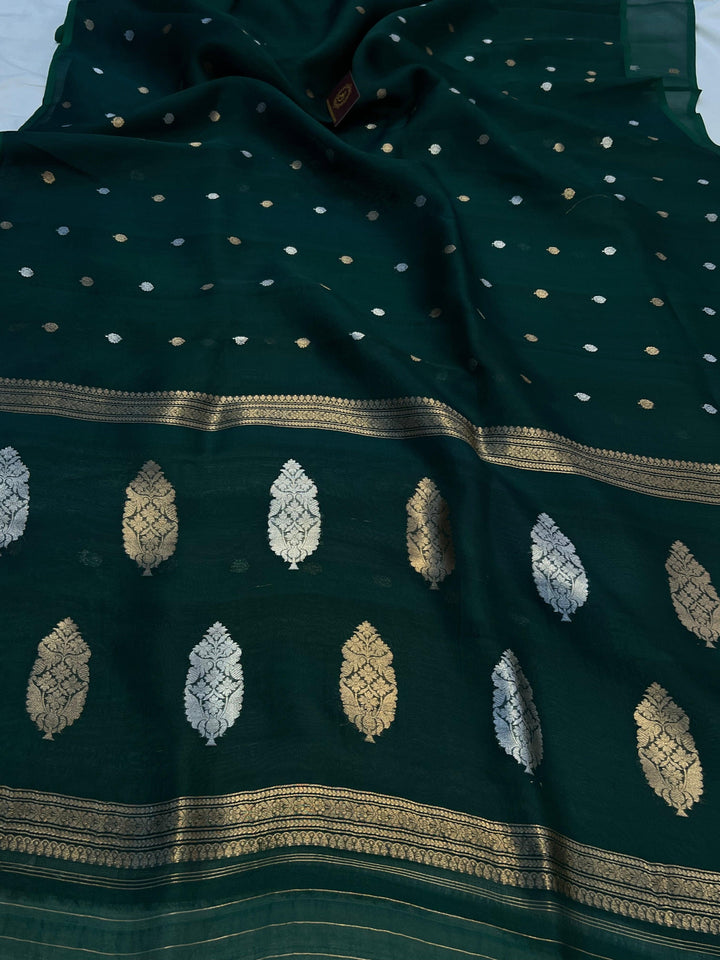 Pure Banarasi handloom Kora silk saree with allover Kadhwa butis in gold and silver zari