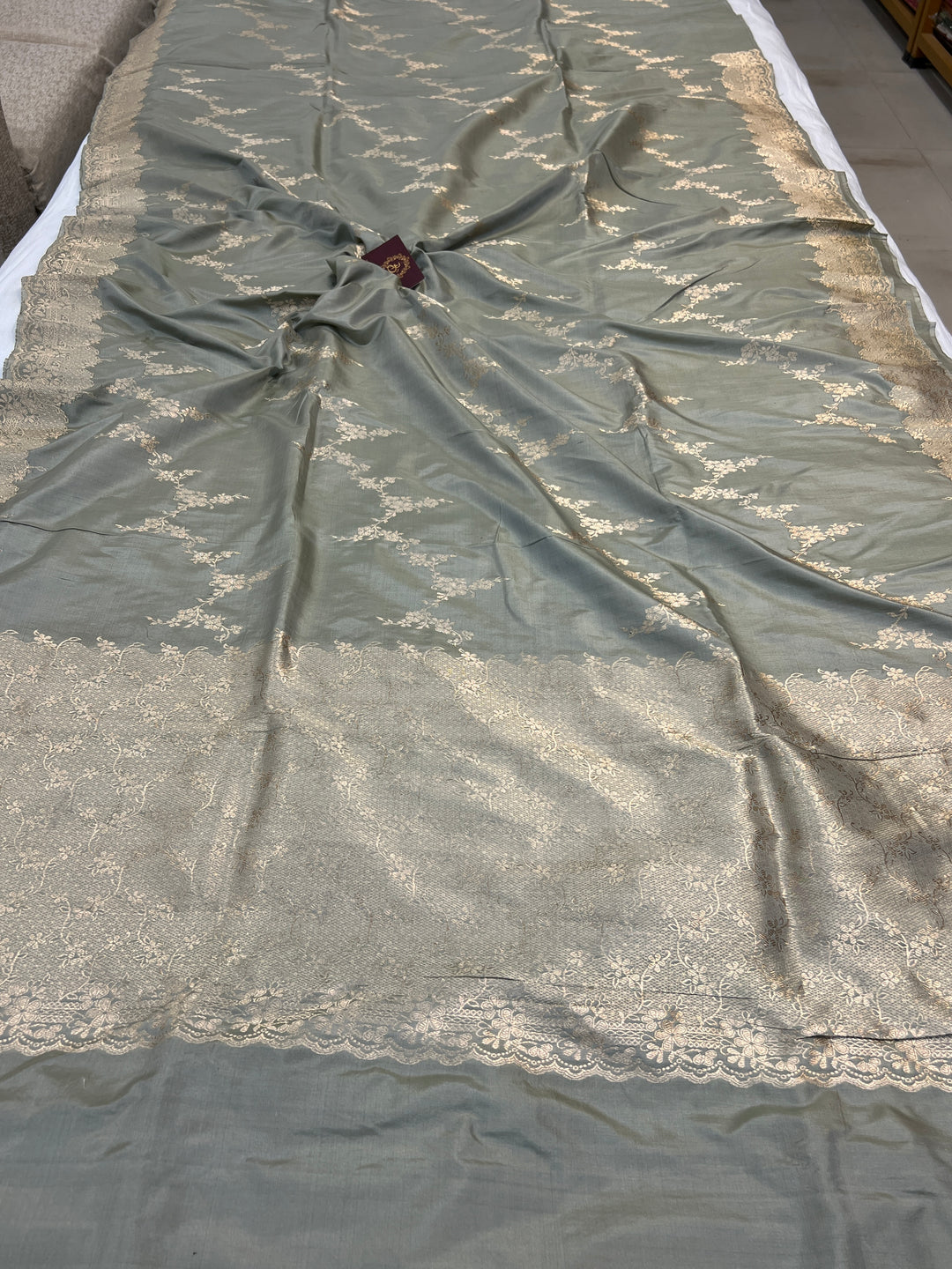 Shop Sage Grey Banarasi Katan Silk Saree – Kadhwa Aada Jaal Meenakari
