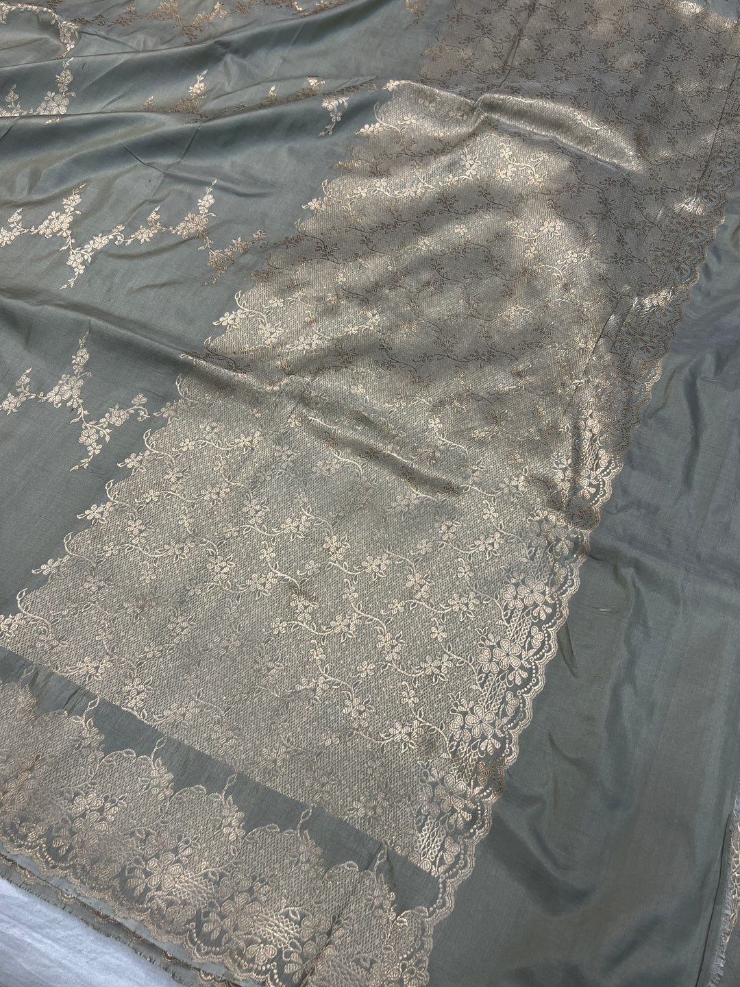 Shop Sage Grey Banarasi Katan Silk Saree – Kadhwa Aada Jaal Meenakari