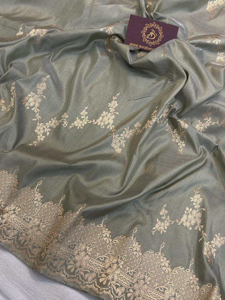 Shop Sage Grey Banarasi Katan Silk Saree – Kadhwa Aada Jaal Meenakari