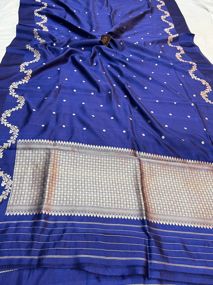 Navy Blue Silk Banarasi Saree with Kadhwa Butis & Mashru Border