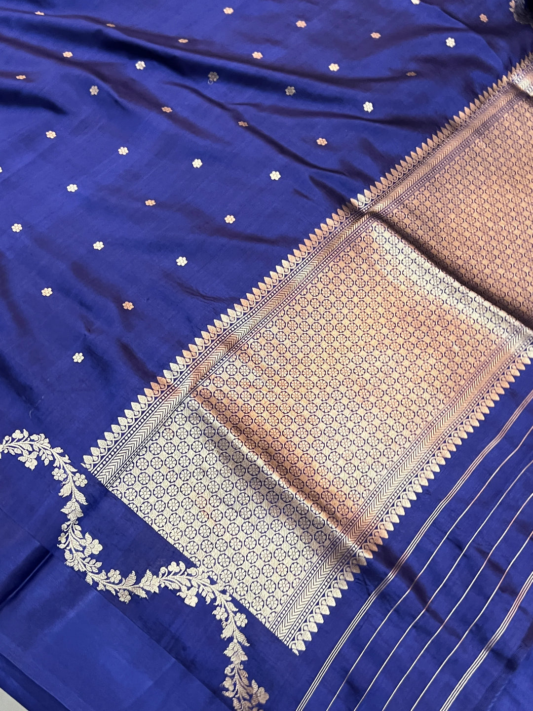Navy Blue Silk Banarasi Saree with Kadhwa Butis & Mashru Border