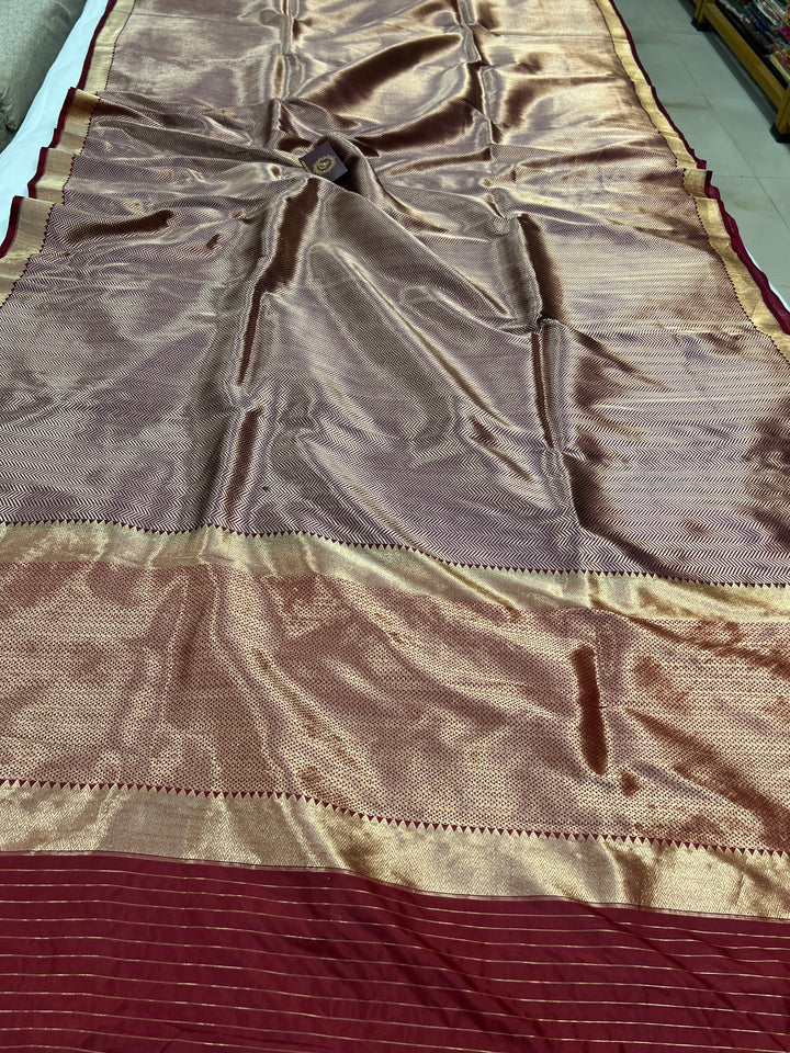 Brown Katan Silk Banarasi Saree with Geometric Brocade Work