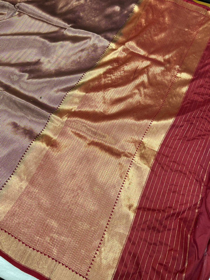 Brown Katan Silk Banarasi Saree with Geometric Brocade Work