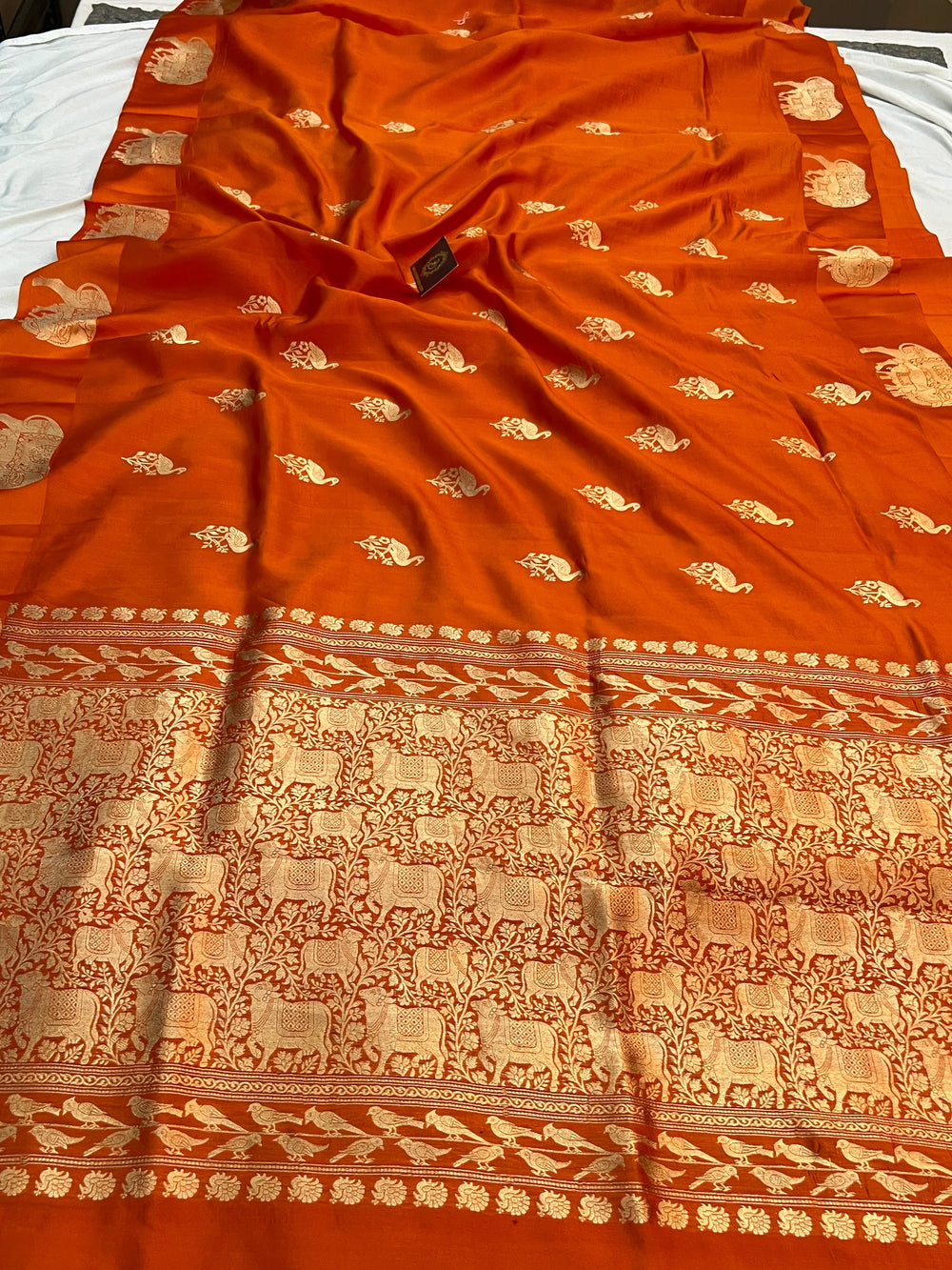 Orange Pure Silk Banarasi Saree with Cow Motif Bordervv