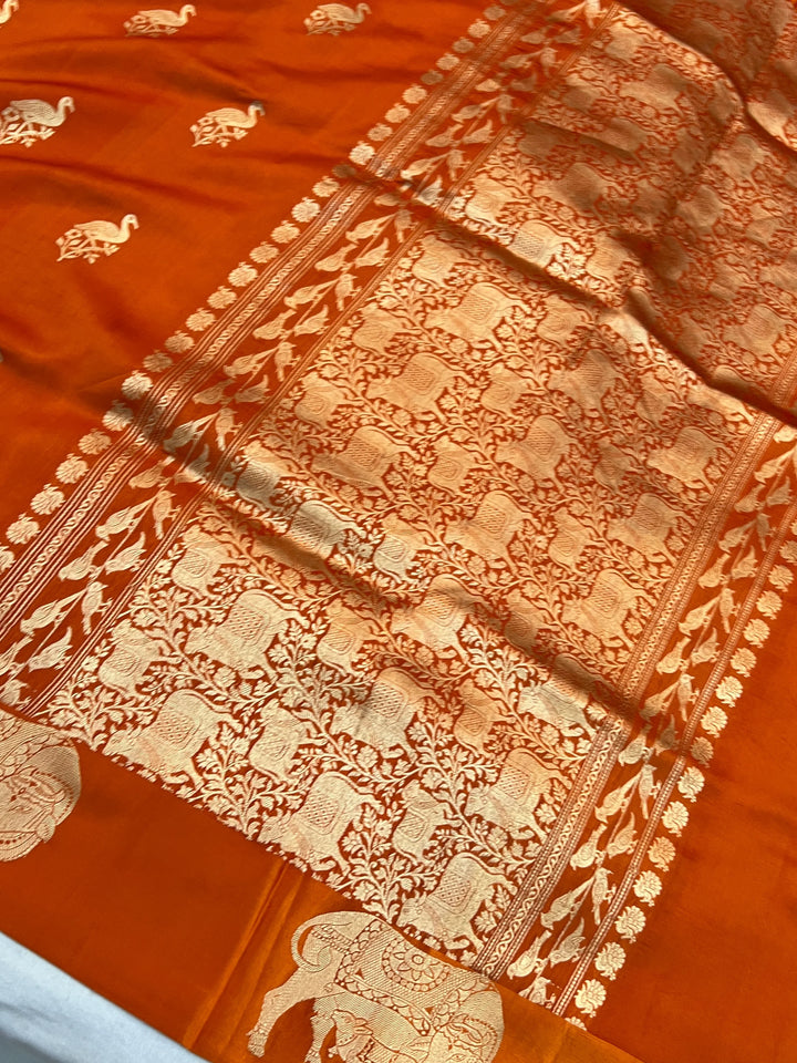 Orange Pure Silk Banarasi Saree with Cow Motif Border
