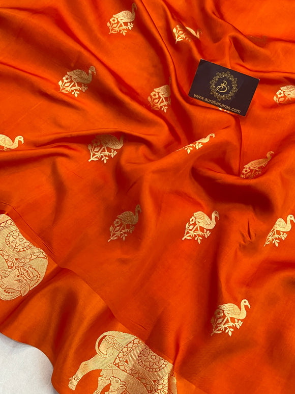 Orange Pure Silk Banarasi Saree with Cow Motif Border