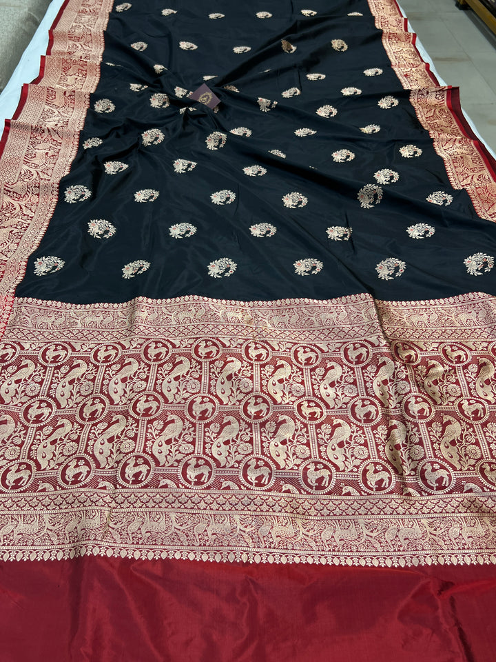 Black Pure Banarasi Handloom Katan Silk Saree - Aura Benaras