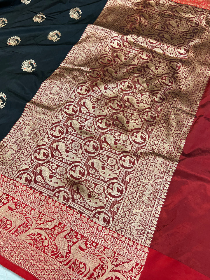 Black Pure Banarasi Handloom Katan Silk Saree - Aura Benaras