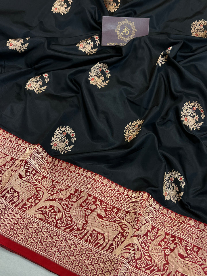 Black Pure Banarasi Handloom Katan Silk Saree - Aura Benaras