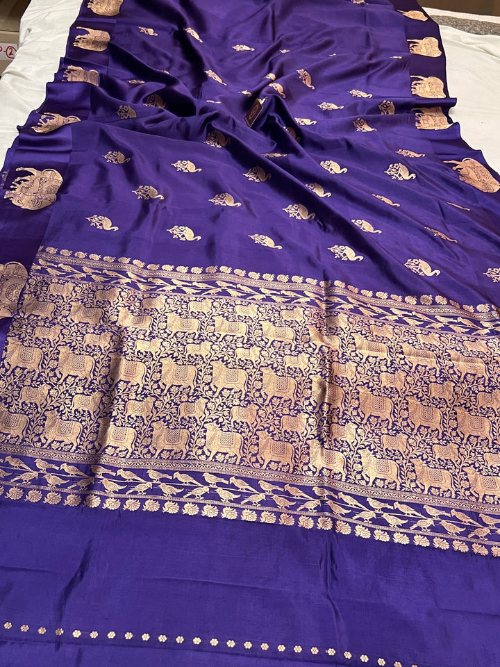 Purple Pure Silk Banarasi Saree with Cow Motif Border