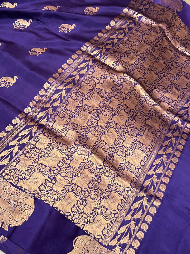 Purple Pure Silk Banarasi Saree with Cow Motif Border