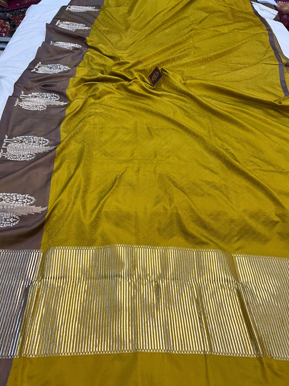 Mustard Yellow Pure Banarasi Handloom Katan Satin Silk Saree - Aura Benaras