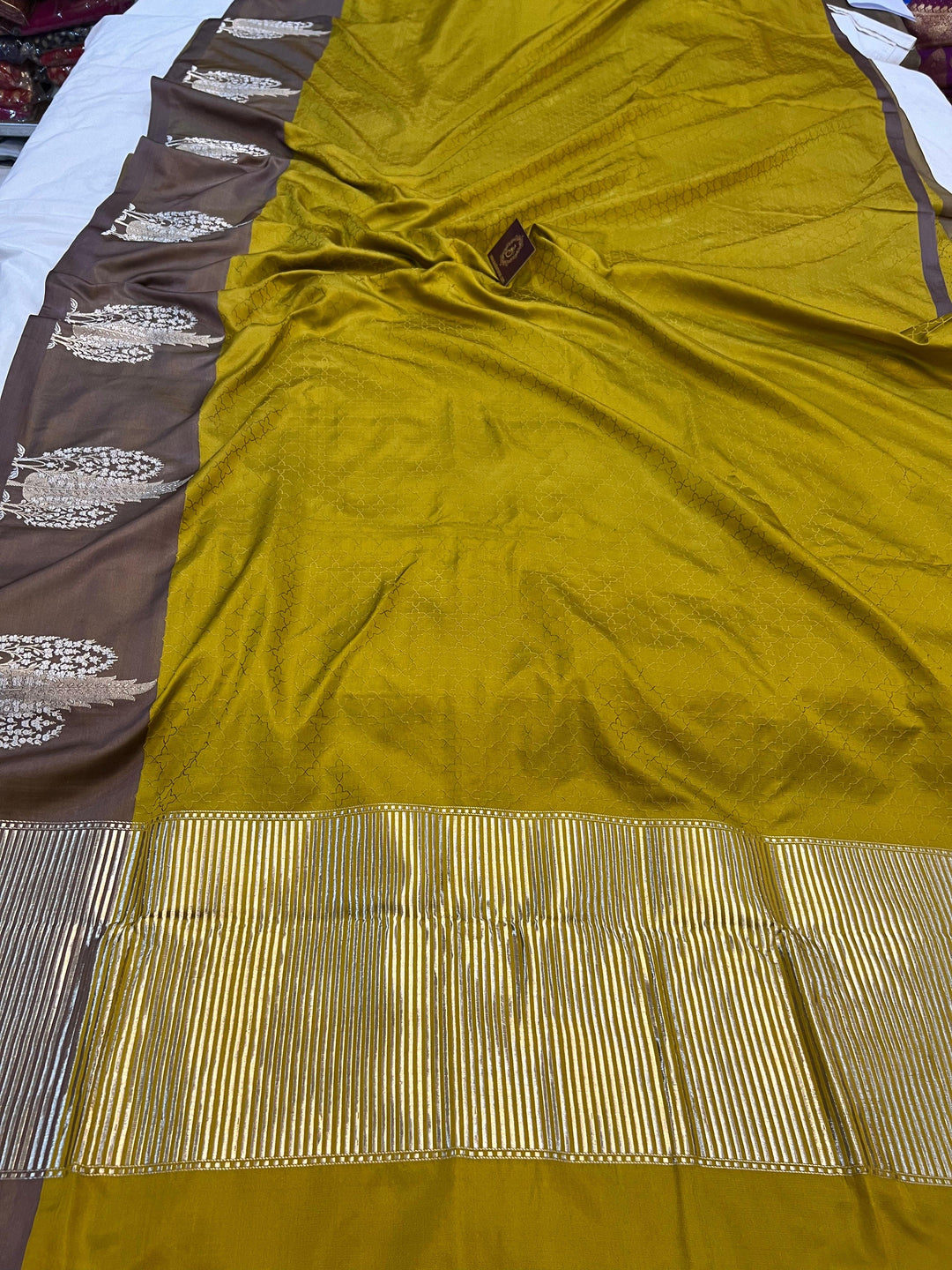 Mustard Yellow Pure Banarasi Handloom Katan Satin Silk Saree - Aura Benaras