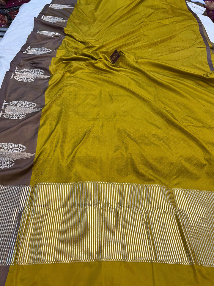Mustard Yellow Pure Banarasi Handloom Katan Satin Silk Saree - Aura Benaras
