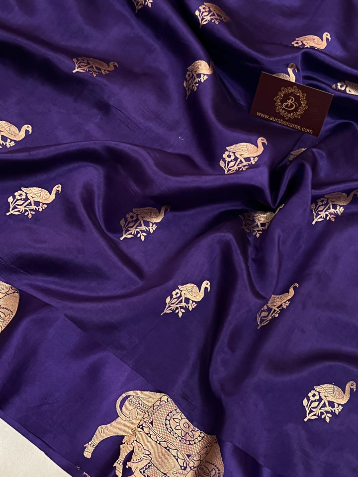Purple Pure Silk Banarasi Saree with Cow Motif Border