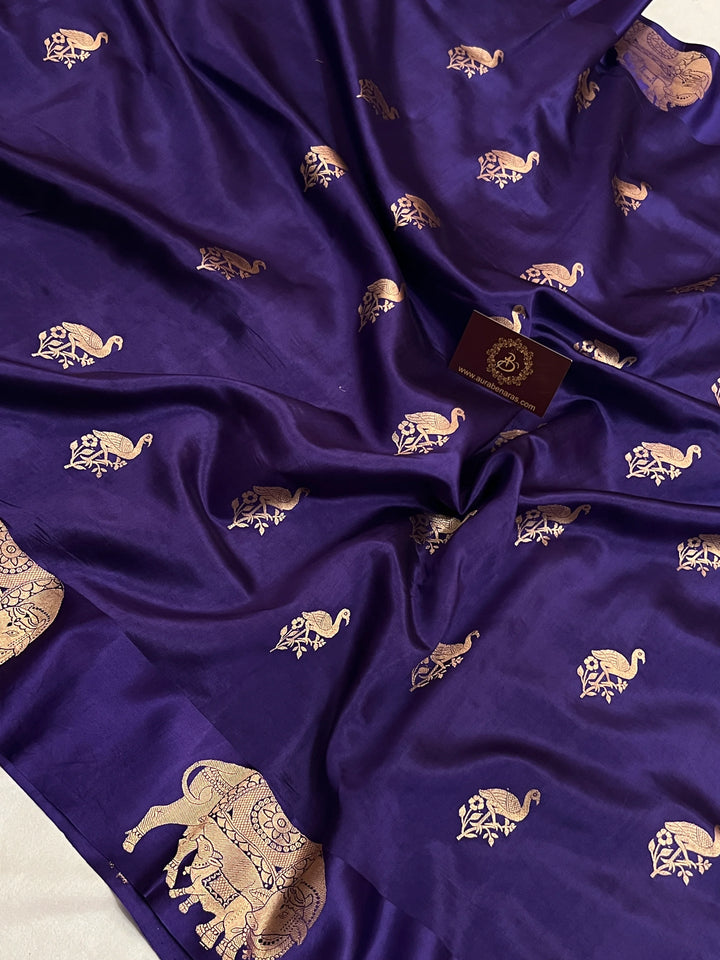 Purple Pure Silk Banarasi Saree with Cow Motif Border