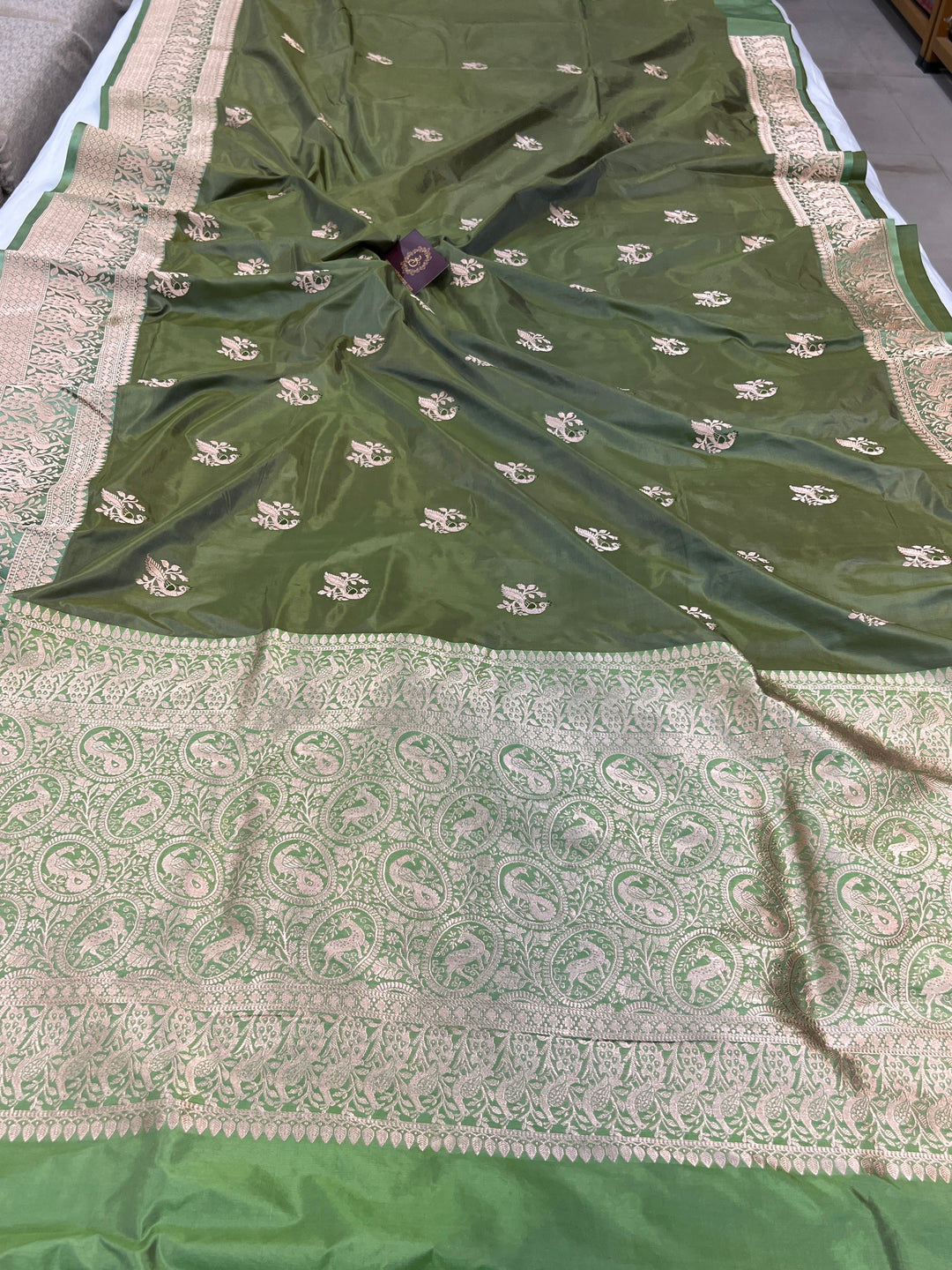 Dusty Green Pure Banarasi Handloom Katan Silk Saree - Aura Benaras