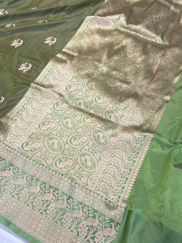 Dusty Green Pure Banarasi Handloom Katan Silk Saree - Aura Benaras