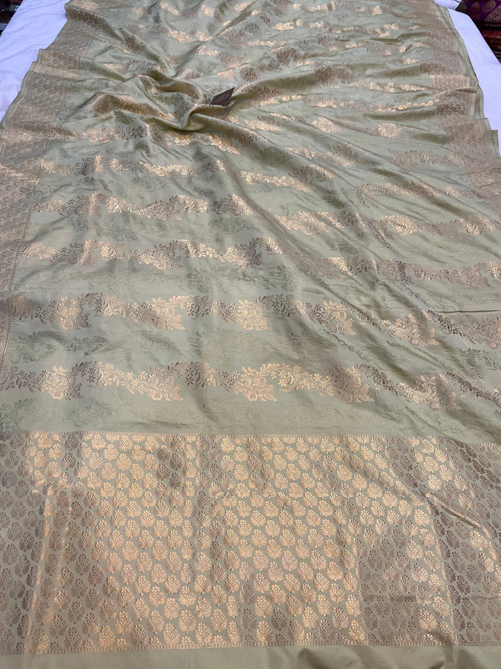 Pista Green Pure Banarasi Handloom Katan Satin Silk Saree - Aura Benaras