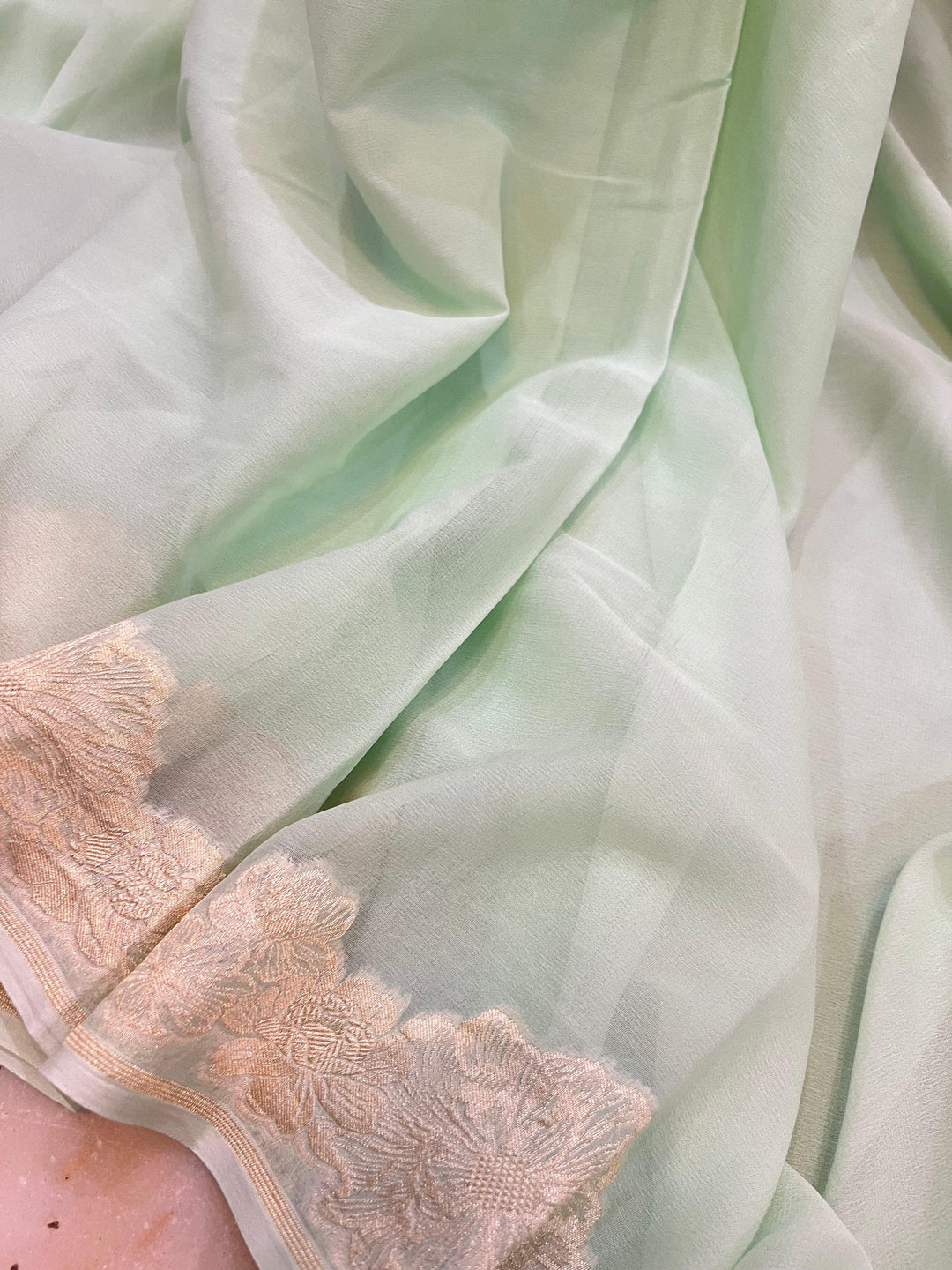 Pastel Pista Green Pure Banarasi Handloom Khaddi Georgette Saree - Aura Benaras