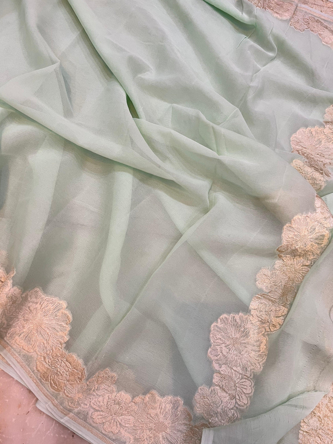 Pastel Pista Green Pure Banarasi Handloom Khaddi Georgette Saree - Aura Benaras