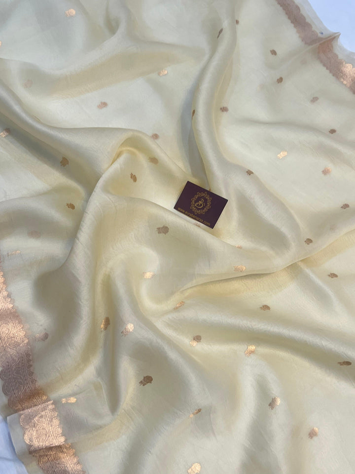 Sleek golden zari Banarasi border on lightweight organza silk saree, highlighting fine craftsmanship