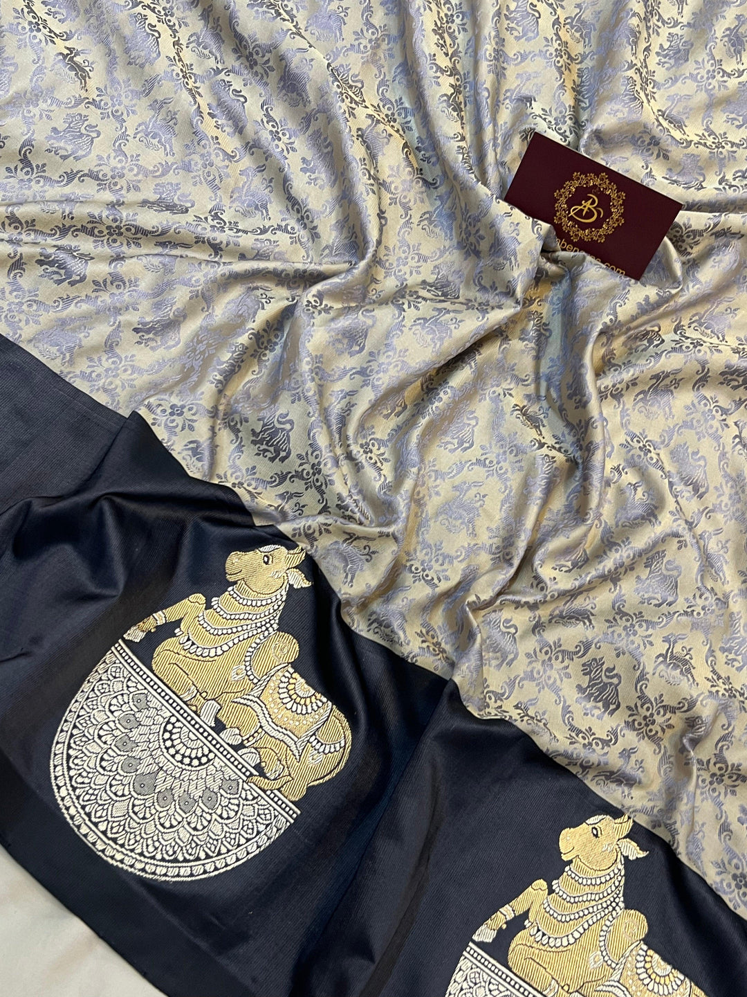 Greyish Blue Pure Banarasi Handloom Katan Satin Silk Saree - Aura Benaras