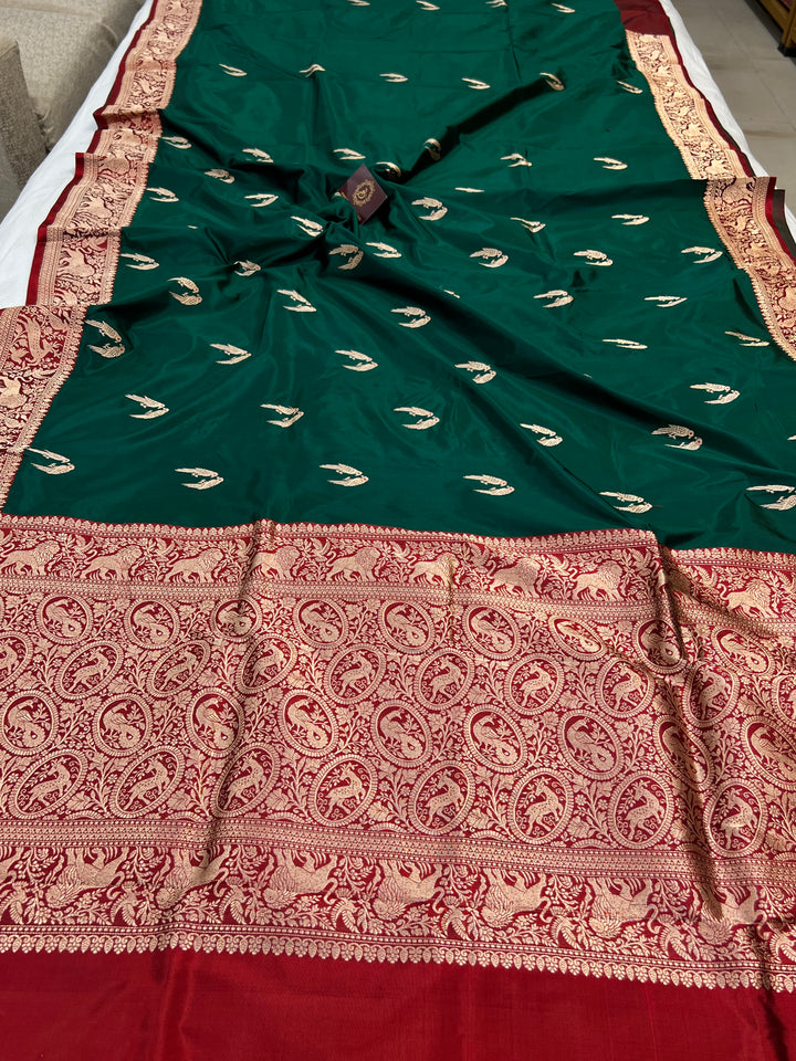 Bottle Green Pure Banarasi Handloom Katan Silk Saree - Aura Benaras