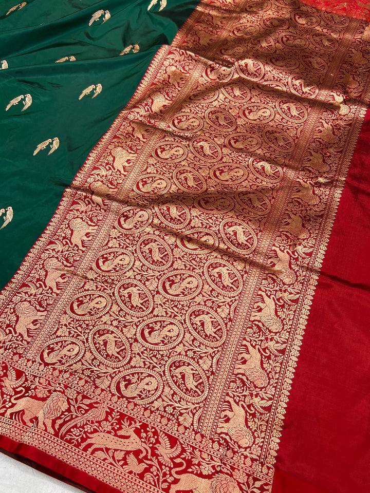 Bottle Green Pure Banarasi Handloom Katan Silk Saree - Aura Benaras