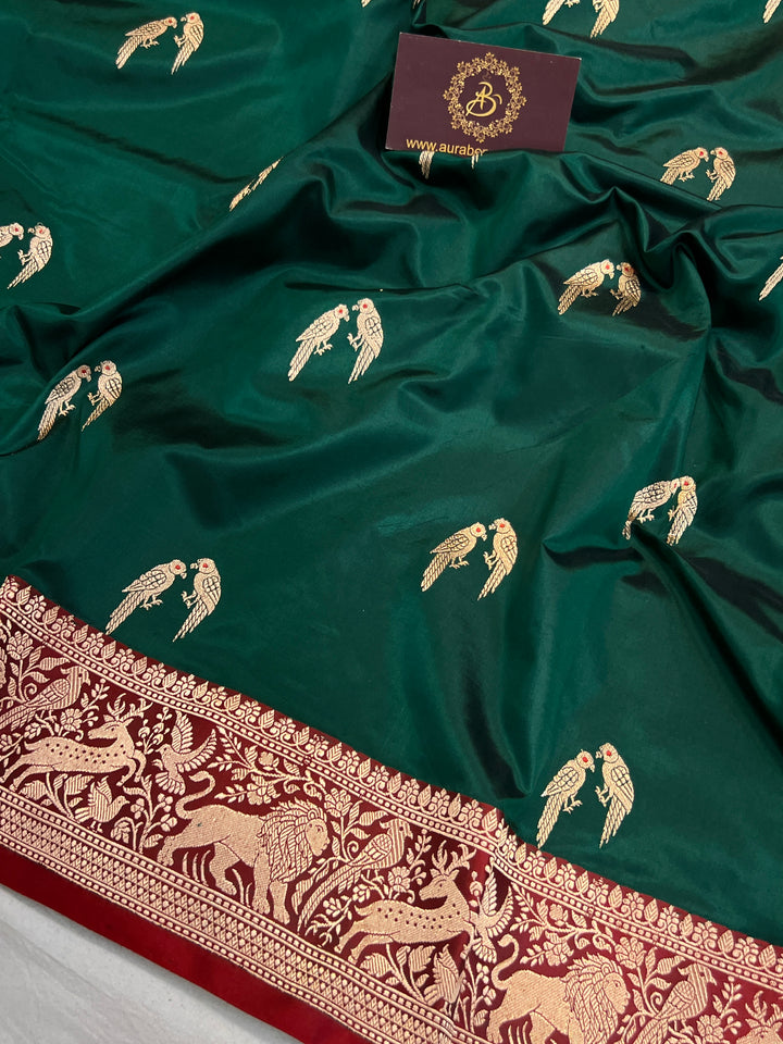 Bottle Green Pure Banarasi Handloom Katan Silk Saree - Aura Benaras