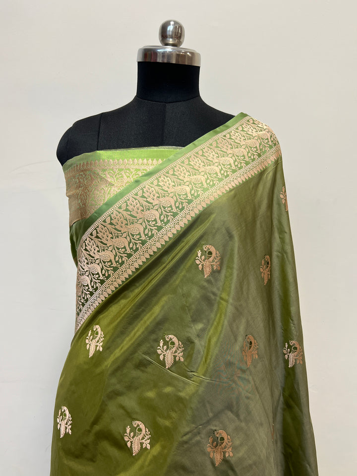 Dusty Green Pure Banarasi Handloom Katan Silk Saree - Aura Benaras