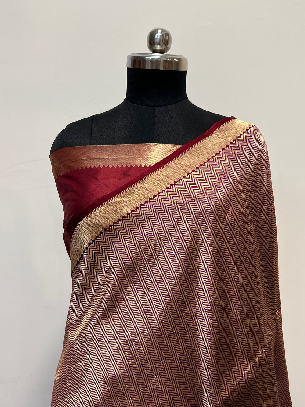 Brown Katan Silk Banarasi Saree with Geometric Brocade Work