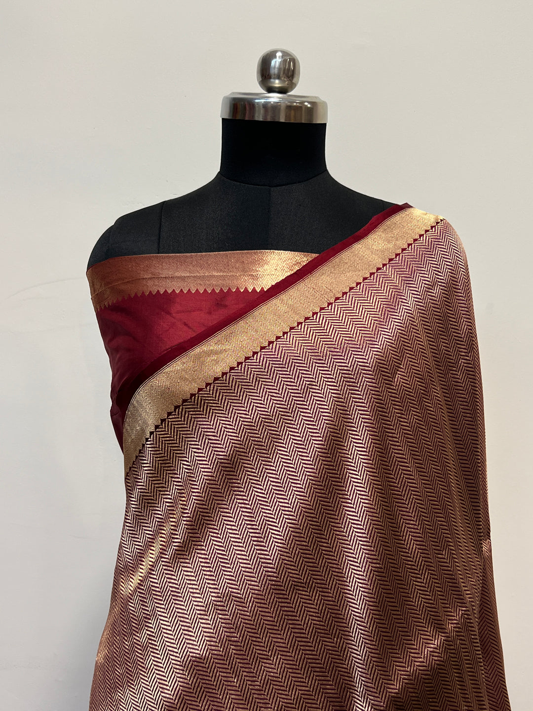 Brown Katan Silk Banarasi Saree with Geometric Brocade Work