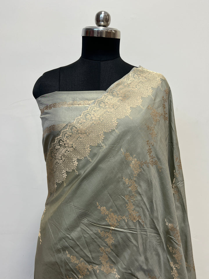 Shop Sage Grey Banarasi Katan Silk Saree – Kadhwa Aada Jaal Meenakari