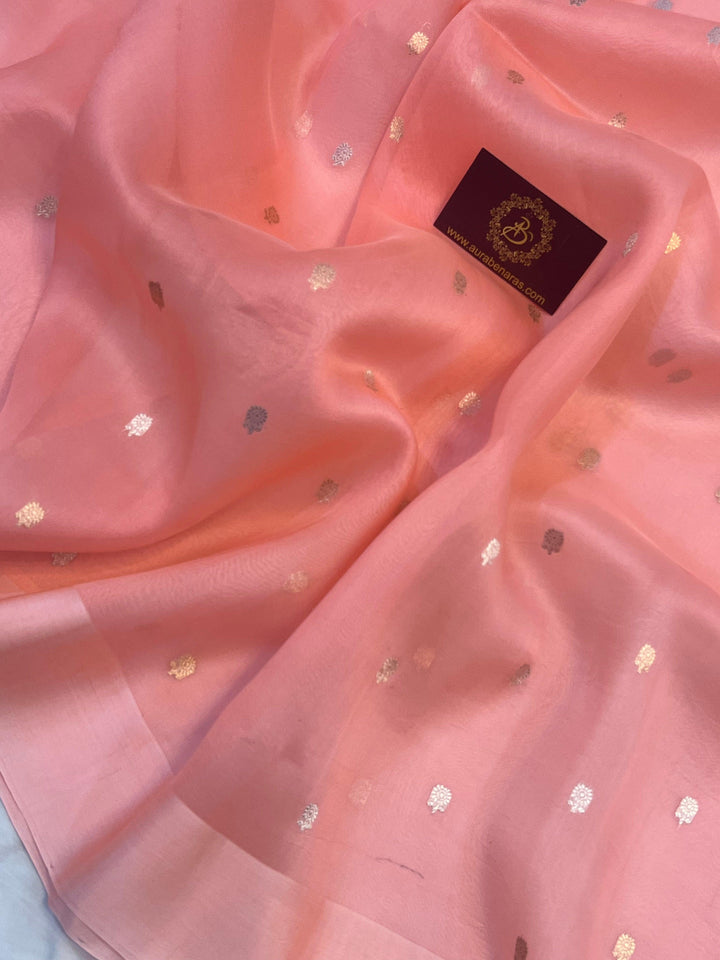 Gold and silver Sona Rupa butis woven on translucent Kora silk using Kadhwa technique