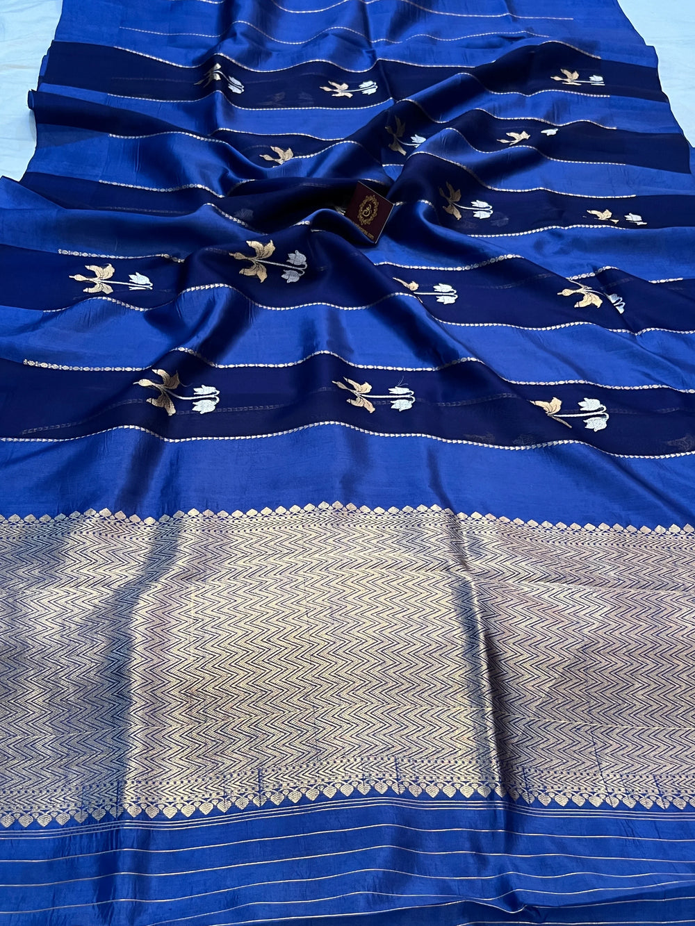 Navy Blue Kora & Silk Banarasi Saree with Stripes & Butis