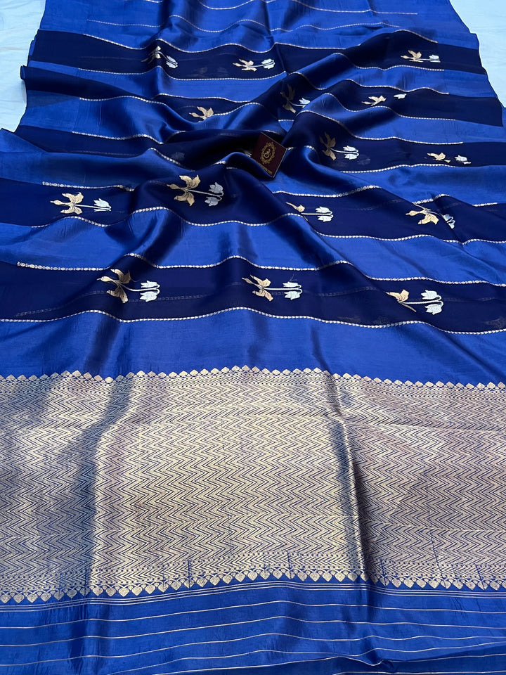 Navy Blue Kora & Silk Banarasi Saree with Stripes & Butis