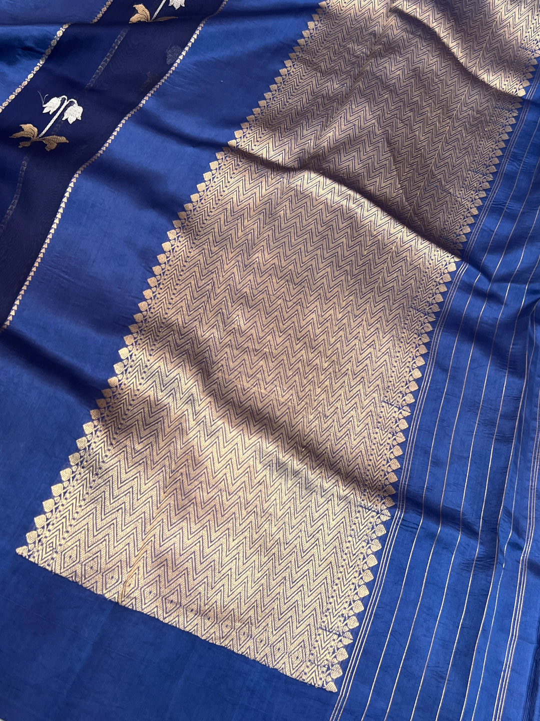 Navy Blue Kora & Silk Banarasi Saree with Stripes & Butis