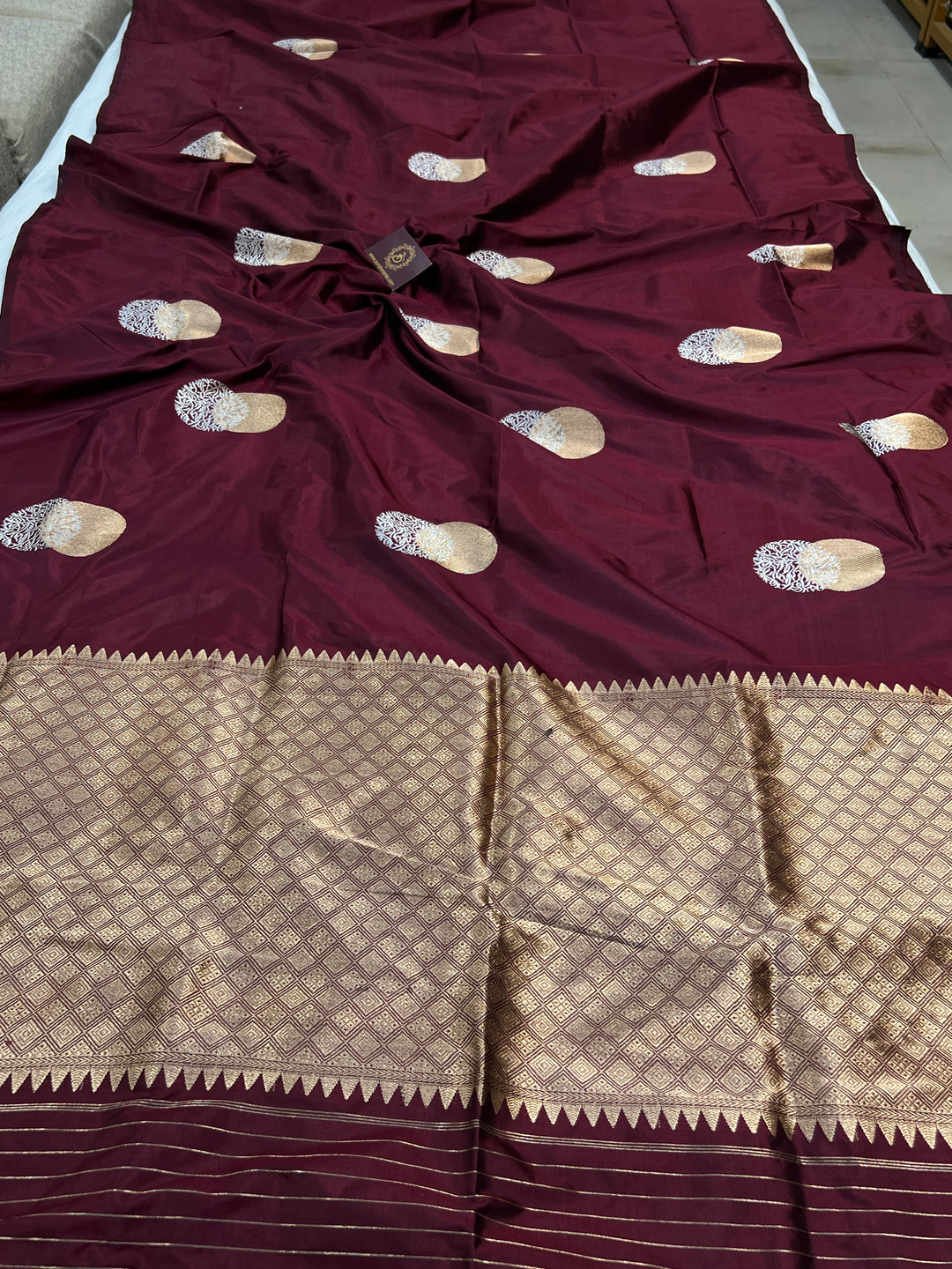 Garnet Pure Katan Silk Banarasi Saree Kadhwa Zari Buta Work